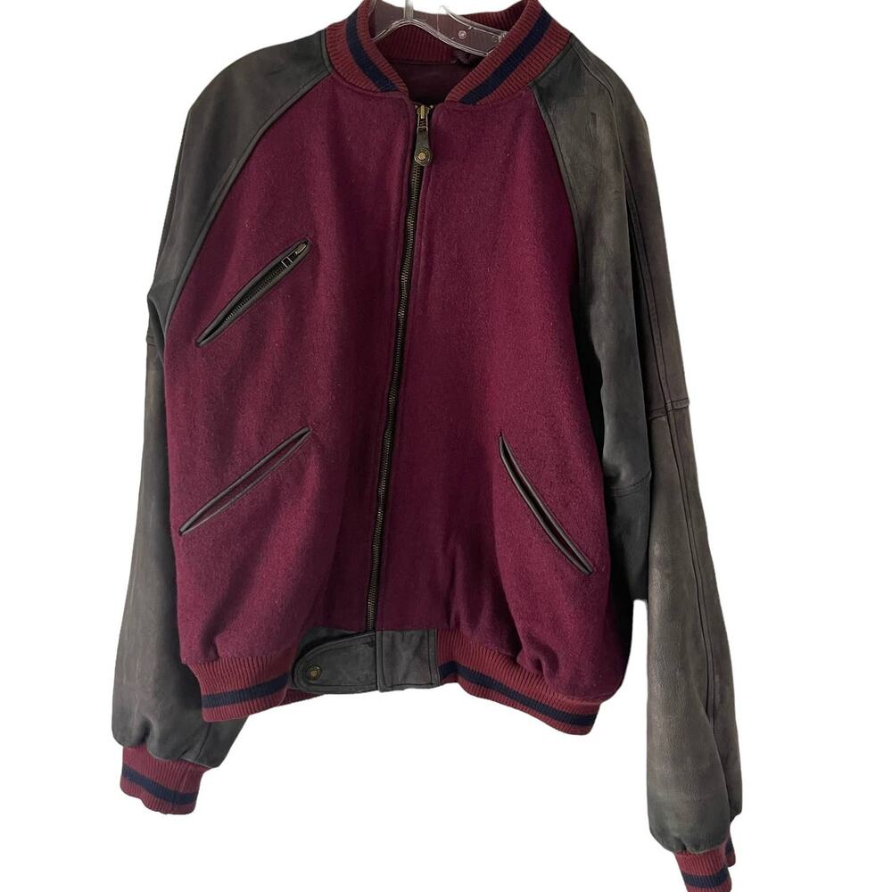 Canadian Outdoors Mens Large Varsity Bomber Jacket Burgundy Wool Leather Canada
